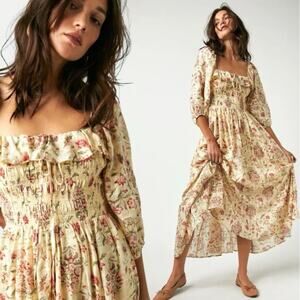 Free People Ethereal Oasis Printed Midi Dress Ivory Small Bohemian Cottage
